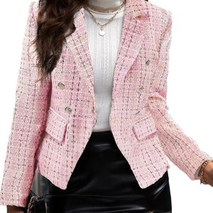 Fall Winter Plaid Tweed Blazer Jacket Double Breasted Slim Casual Long Sleeve Fashion Work Office with Pockets
