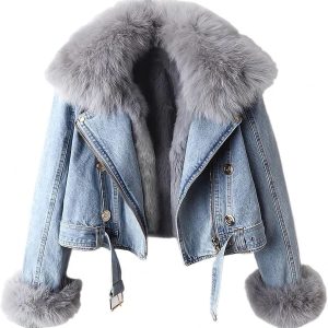 Women Denim Jacket with Fur Warm Fur Collar Rabbit Fur Lined Denim Jacket Thicken Shaggy Winter Removable Cropped Top