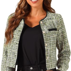 Tweed Jacket for Women's Long Sleeve Casual Work Office Plaid Short Outwear